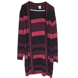 Chicos Size 3 (Xl-16)Open Fron Cardigan Maroon And Pink Color Block